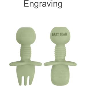 Two pieces of light green silicone cutlery for kids, featuring a fork and spoon design, with a branding logo.