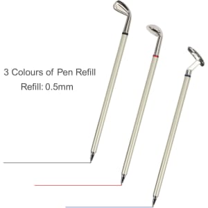 A golf pen gift set featuring three pens designed like golf clubs with silver accents and white barrels.