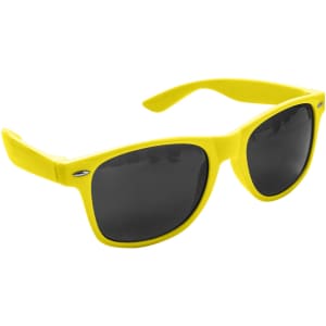Bright yellow RPET sunglasses with dark lenses, featuring a logo on the side.
