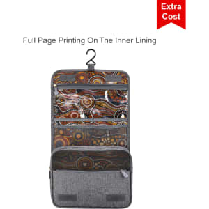 A travel hanging toiletry bag in grey, featuring an intricate patterned inner lining and a hook for hanging.