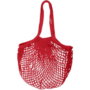 A red mesh grocery bag with two handles, featuring an open weave design.