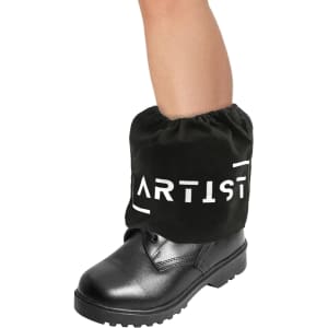 A black boot covered by a green, drawstring boot cover featuring a logo.