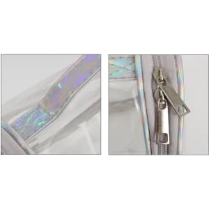 A transparent cosmetic bag with a shimmering silver zipper and strap, featuring a logo on the zipper pull.