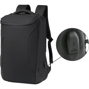 A sleek black waterproof business backpack featuring adjustable straps and a logo on the side.