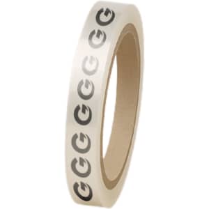 A roll of clear packing tape featuring a repeated black logo design on a transparent background.
