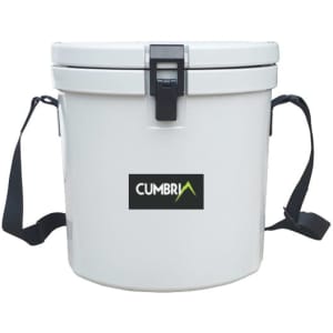 A white 12L ice bucket with a handy rope handle and a logo on the front.