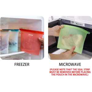 A silicone reusable storage pouch in red and green, placed in a freezer and near a microwave, features a logo.