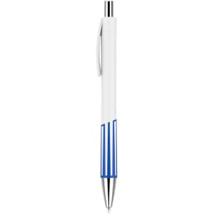 A plastic pen with a creamy white barrel and blue striped accents, featuring a silver clip and nib.