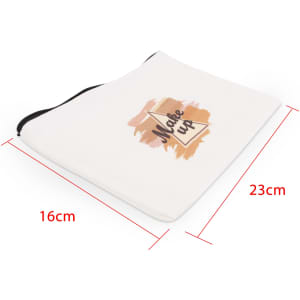 A rectangular cosmetic bag in white with a logo design, measuring 23cm by 16cm.