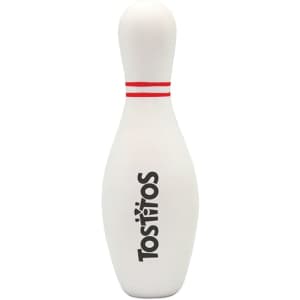 A white bowling pin-shaped stress reliever with red stripes and a logo.