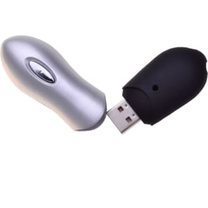 A silver laser pointer flash drive with a black cap, featuring a USB connector.