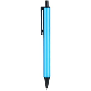 A plastic click pen in a bright blue colour with a black clip and tip.