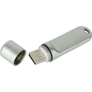 A silver Nox Flash Drive with a removable cap, featuring a circular hole for attachment.