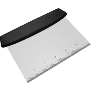 A bench scraper with a black plastic handle and a stainless steel blade marked with measurement lines.