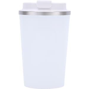 A stainless steel coffee mug in white with a silver rim and a lid. It features a branding logo.