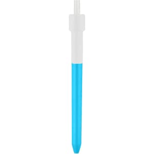 A blue and white click pen with a transparent tip. The pen features a logo on its body.