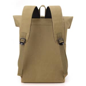 A vintage roll-top backpack in a tan colour with adjustable shoulder straps and a simple design.