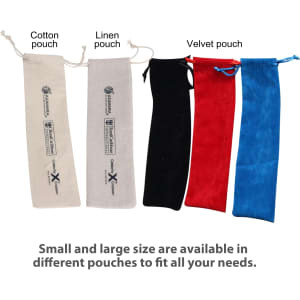 Pouches in various materials: cotton, linen, black velvet, red velvet, and blue velvet, showcasing sizes for different needs.