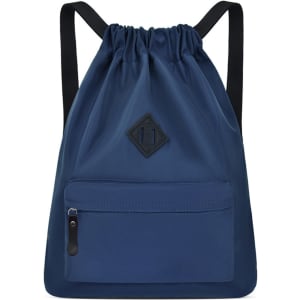 A lightweight drawstring backpack in navy blue with a front zippered pocket and a logo.