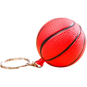 A red basketball stress item attached to a metal keyring, featuring a textured surface and black lines.