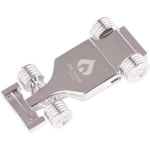 A shiny silver racing car-shaped flash drive with four wheels and a logo on the body.