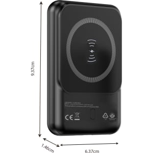A black 5000mAh eco magnetic power bank with a circular design and an embedded logo. Dimensions included.