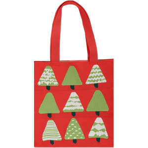A red knitted flat tote bag featuring green tree designs in various patterns. It has two handles and a logo.