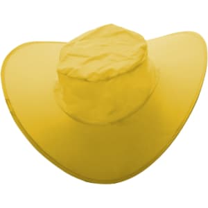 A foldable cowboy hat in bright yellow, designed with a wide brim and a pouch for storage.