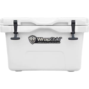 A white 35L cooler box with black clips and a logo on the front.