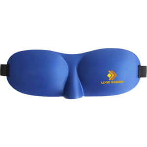 A cushioned eye mask in blue with a logo design, featuring a contoured shape for comfort.