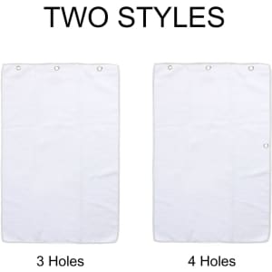 A white waffle golf towel with options for three or four holes, featuring visible grommets and a logo.