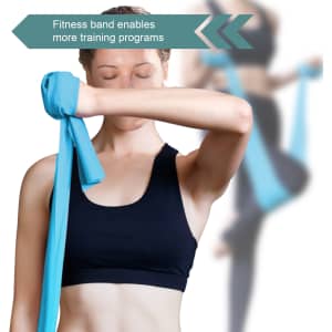 A blue latex-free TPE fitness resistance band being used by a person in a black sports top.