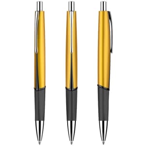 A set of three plastic pens featuring a shiny yellow and black design, each with silver accents and a clip.