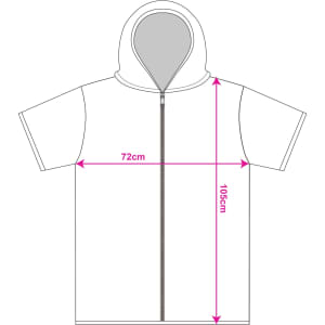 A grey hooded change towel with a zip, featuring dimensions of 72 cm width and 105 cm length. It includes a logo.