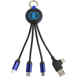 A round-shaped light-up multi charging cable with four connectors: USB-C, Lightning, and Micro USB, in blue and black.