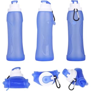 A blue collapsible silicone drink bottle with a cap and a carabiner, featuring three different angles.