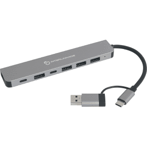 A silver 7-in-1 USB hub featuring multiple ports, including USB and USB-C connections, with a cable attached.
