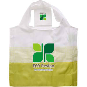 A foldable shopping bag in white and green, featuring a logo and a rectangular handle.
