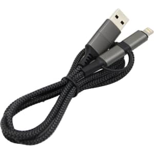 A braided charging cable in black, featuring a USB connector and a Lightning connector, with a sleek, grey design.