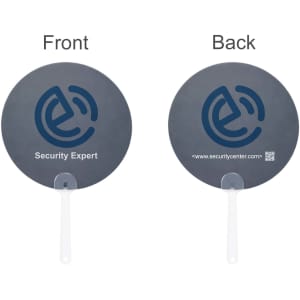 A custom-shaped polypropylene hand fan featuring a circular grey design with a white handle and a logo.