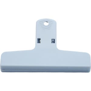A light blue plastic clip with a flat base and a hanging hole at the top. It features a simple design.
