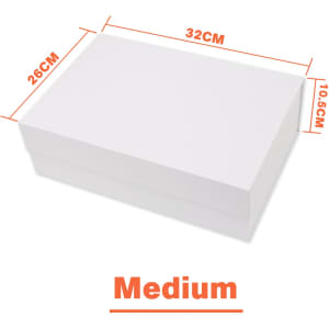 A medium, white foldable magnetic box with dimensions of 32cm x 26cm x 10.5cm, featuring a ribbon and a logo.