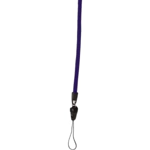 A purple zipper lanyard with a black plastic clip for attaching items. Features a PVC tag holder.