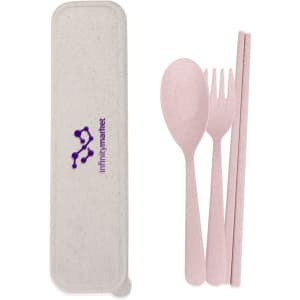 A portable utensils set in pink includes a spoon, fork, and chopsticks, housed in a beige case with a logo.