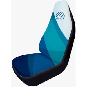 A car seat cover featuring a modern design in shades of blue and teal with a logo on the backrest.
