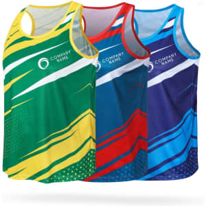 Three 100% polyester sublimated sports singlets in green, red, and blue, featuring a logo on each.