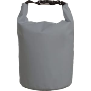 A waterproof dry bag in grey with a secure buckle handle, ideal for keeping items dry. Features a logo.