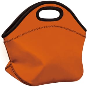 An orange neoprene lunch bag with a black trim and a handle. It has a smooth, flexible exterior.