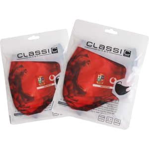 Two packs of red 3 Ply Digital Print Reusable Face Masks in adult and children's sizes, each with branding.