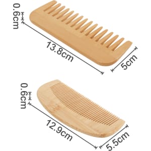 A bamboo small comb with a smooth finish, featuring two distinct styles and measurements. It has a natural wood colour.